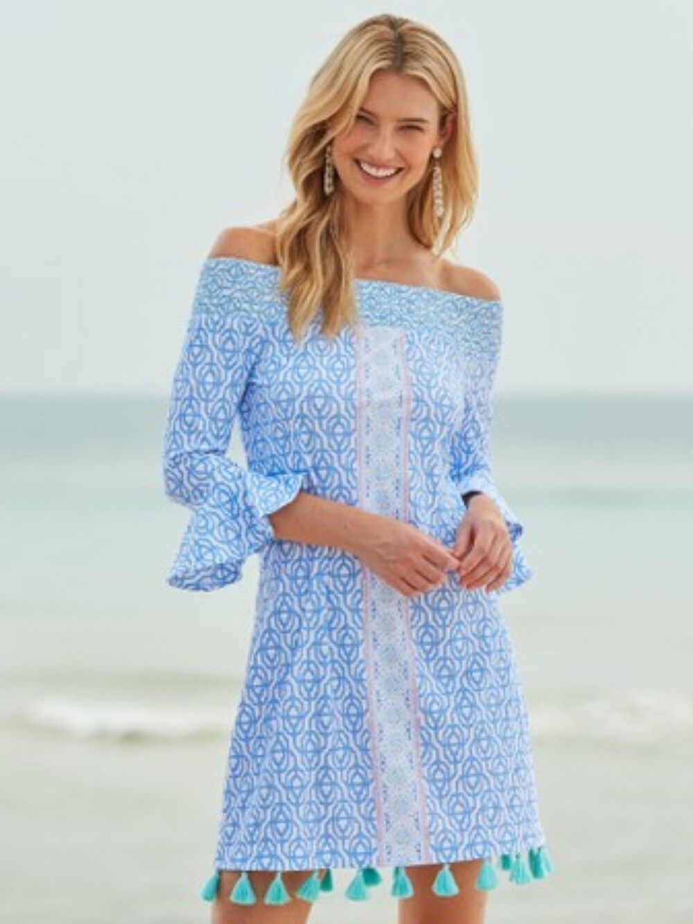 NWT Cabana Life Coverlux Smocked Womens Off-Shoulder Blue White Dress Size Large